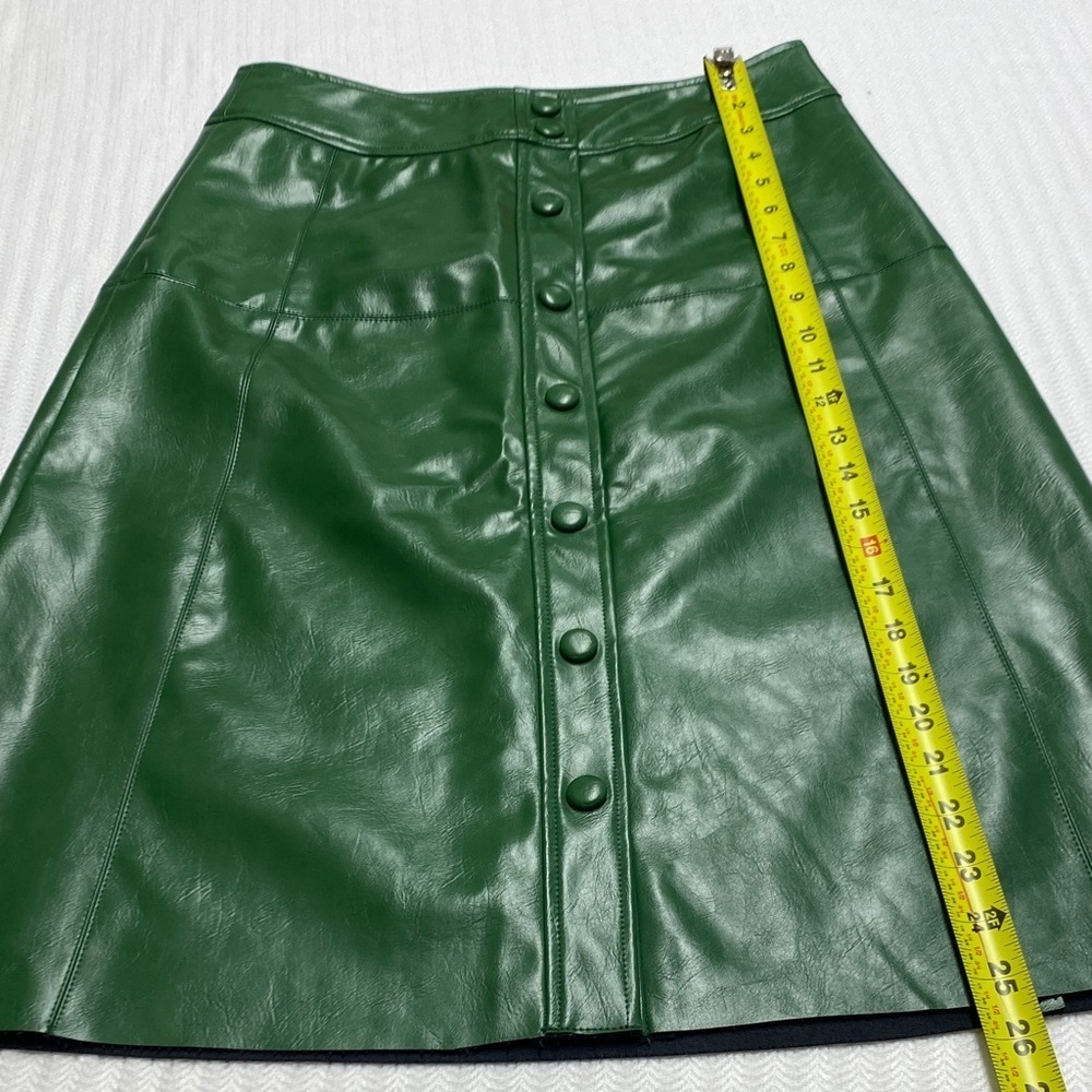 Fate Green Faux Leather A-Line Skirt | Snap Front High Waist | Raw Hem | S - Picture 9 of 11